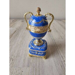 Toscano Katyas Blue trophy egg trinket box hinge jewelry gold rhinestone new